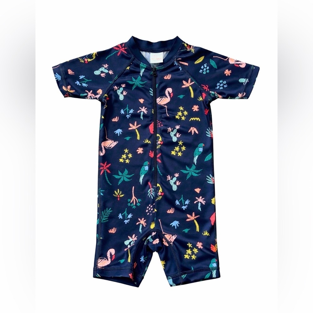 Hanna Andersson one-piece rashguard swimsuit tropical print flamingos parrots
